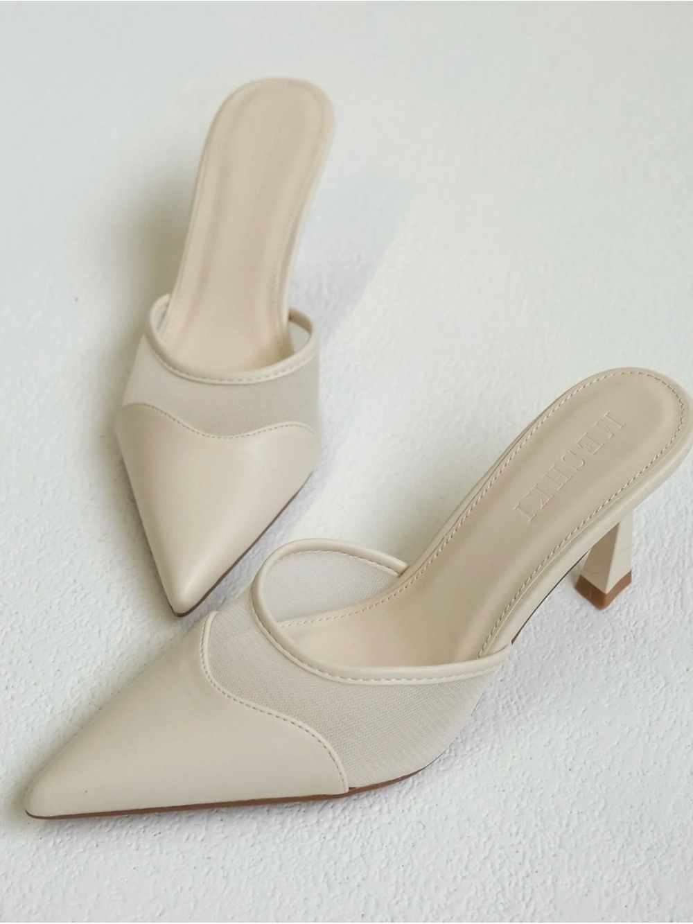 Meshki Cream Pointed Mule Heels